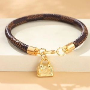 Designer Inspired Brown Checkered Gold Plated Bag Purse Charm Clasp Bracelet